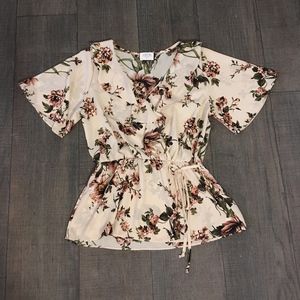 Floral/Cream Ruffled Top with Cinched Waist